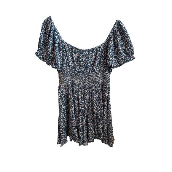 Angie Blue Floral Short Sleeve Smocked Romper Women's Size L - Picture 5 of 5